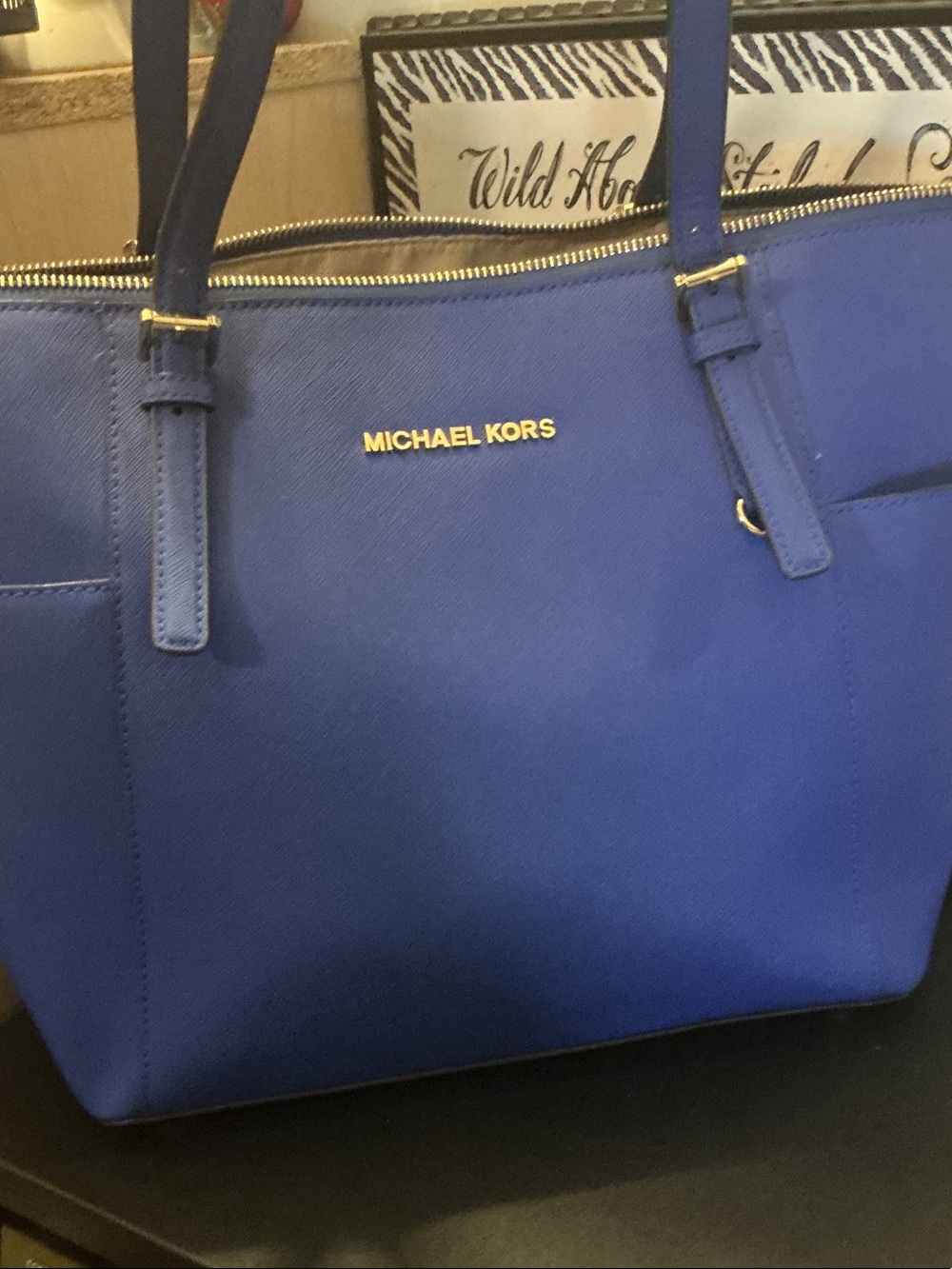 Michael Kors Royal Blue Saffiano Tote with Gold Hardware